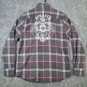Express Flannel Shirt Size L Gray Pink Plaid Graphic Back Loyalty Honor Crest